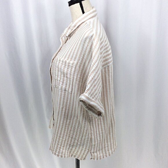 Angels Forever Young Top Womens Size 1X White Beige Striped Muslin Button Down - Picture 4 of 8